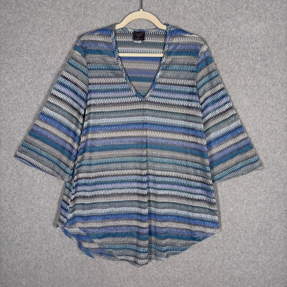 Crochet Sheer Babydoll Tunic Top Medium Blue Zig Zag Metallic Open Knit Cover Up